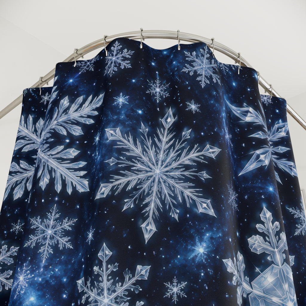 White snow crystals on deep navy shower curtain with close-up print, hooks, and folds