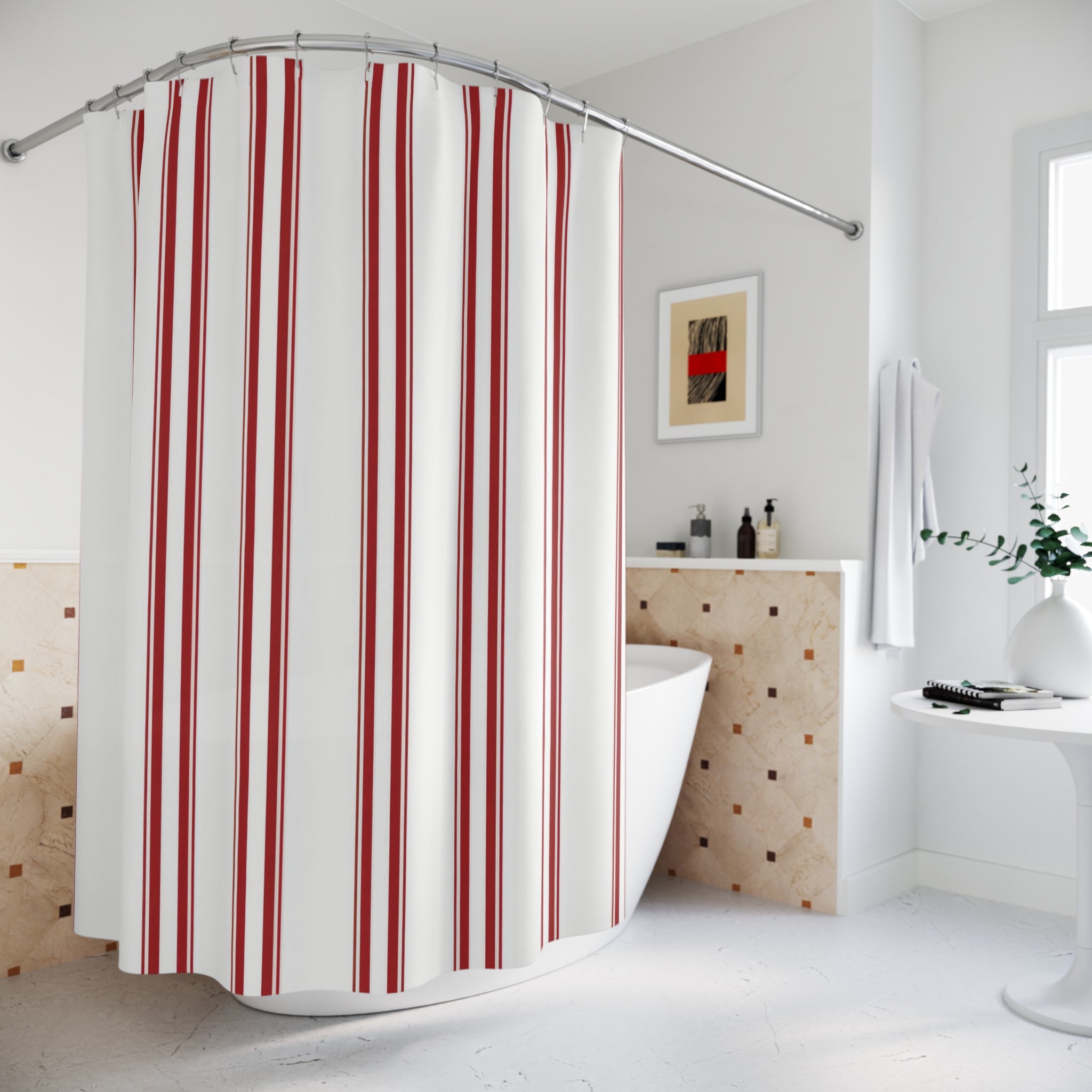 White and Red Striped Shower Curtain: Sharp Vertical Stripe