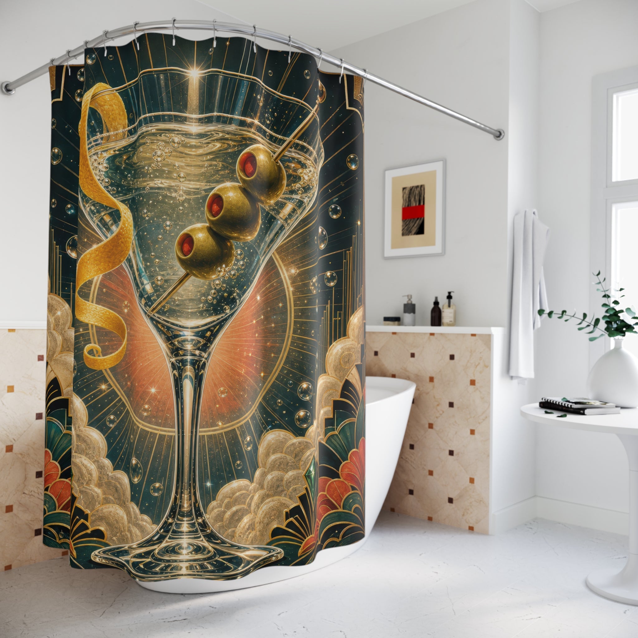 Unique Martini Shower Curtain, Art Deco Cocktail Glass Art, Gold Teal Bar Bathroom Decor, Glam Powder Room Guest Bath Gift For Home