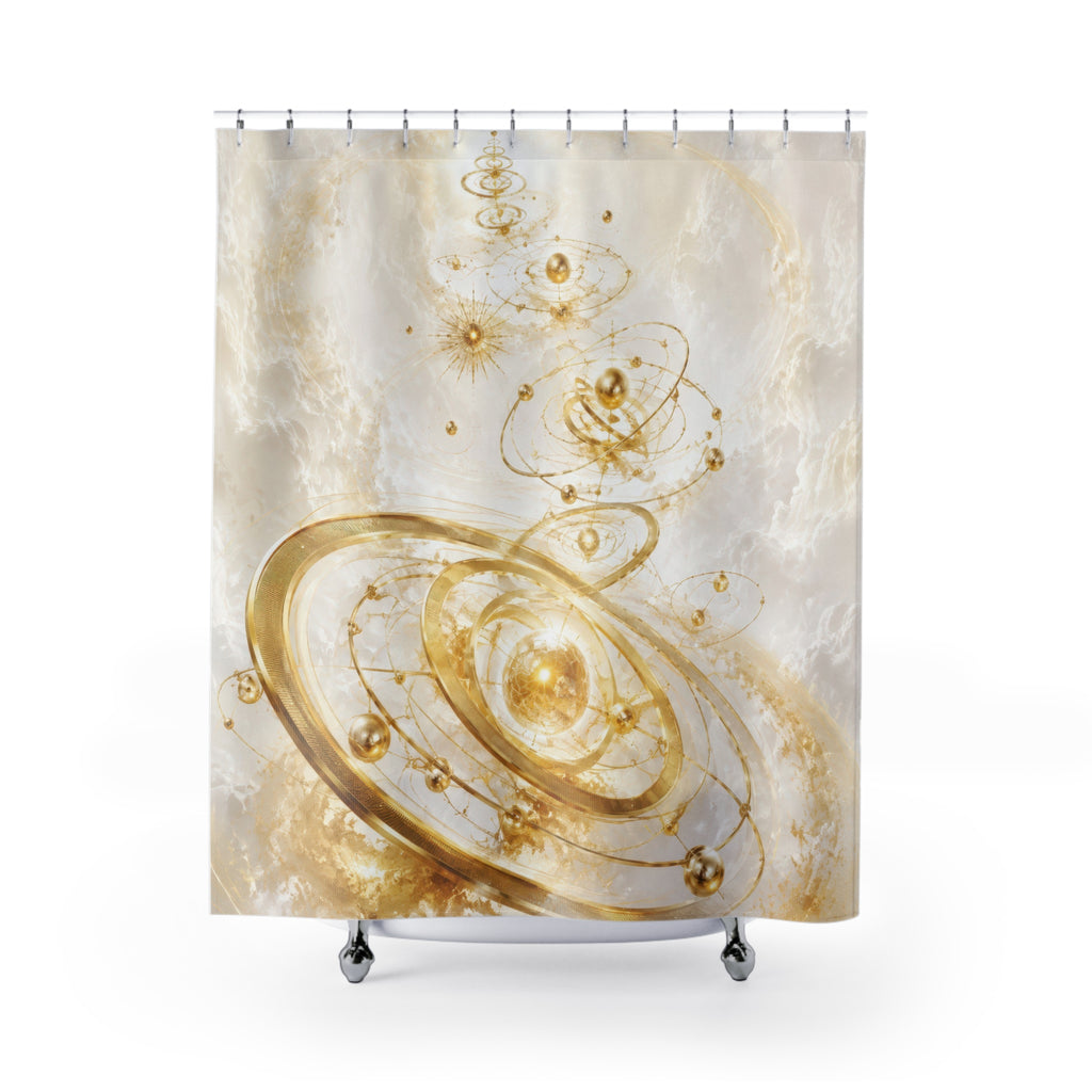Gold celestial orrery with sun moons and stars shower curtain with full front view