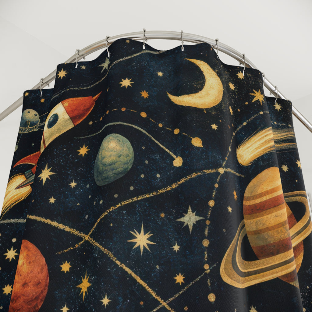 Kids Space Shower Curtain – Navy Rocket Galaxy