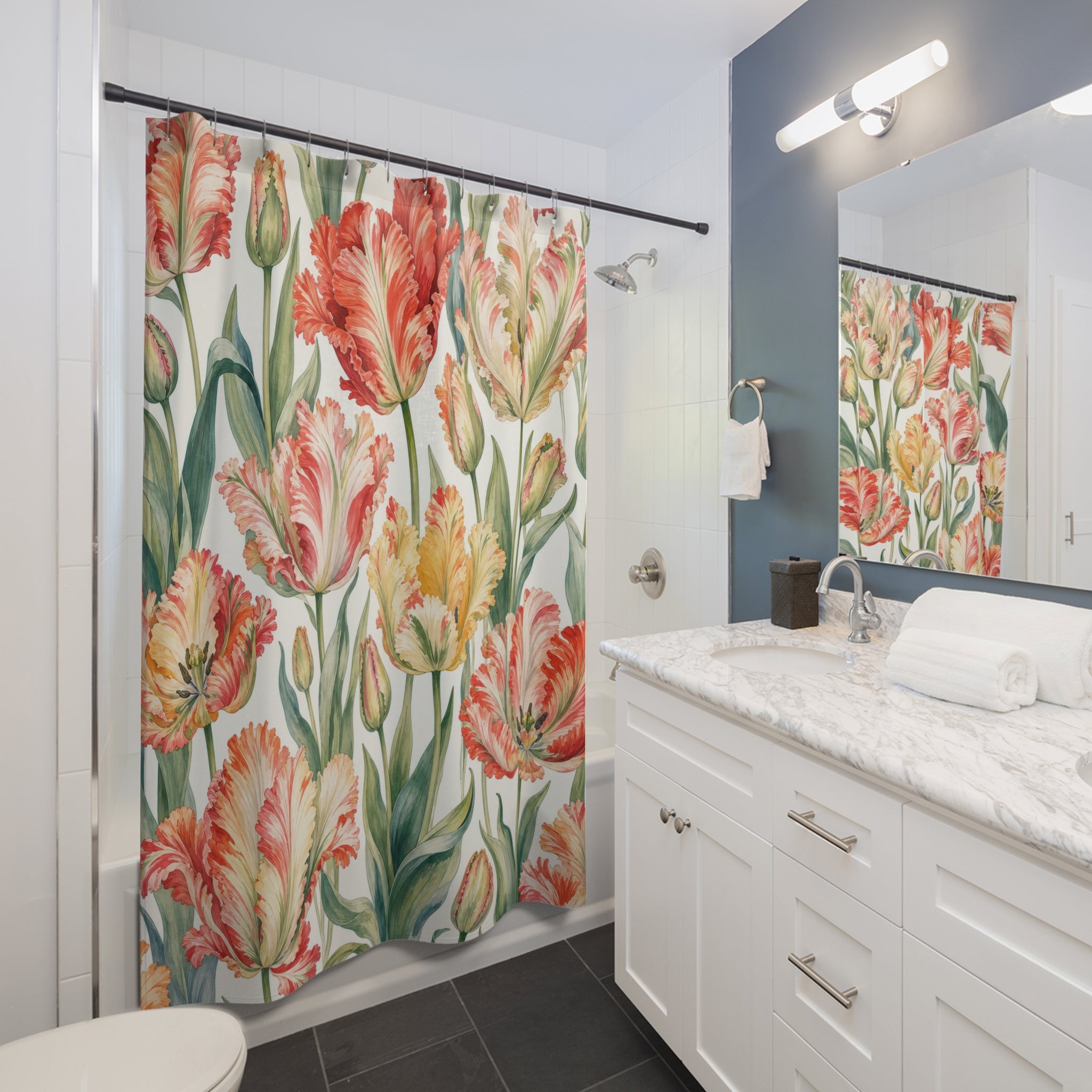 Coral Orange Floral Botanical Shower Curtain