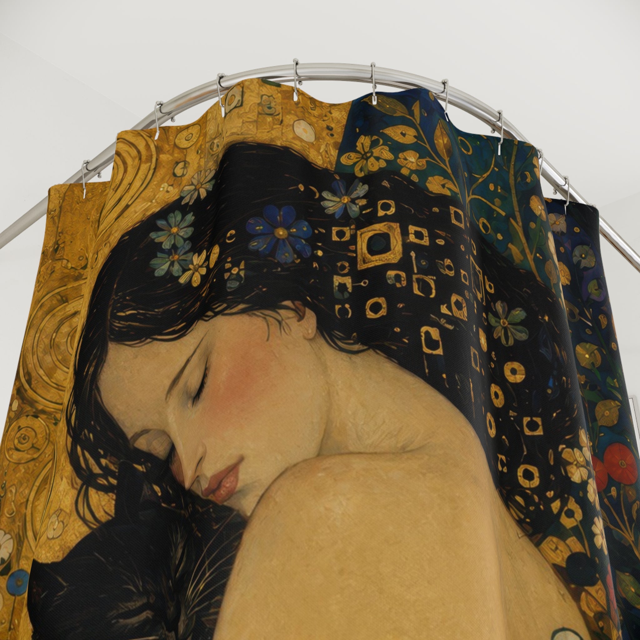 Klimt Inspired Black Cat Shower Curtain: Gold Nouveau