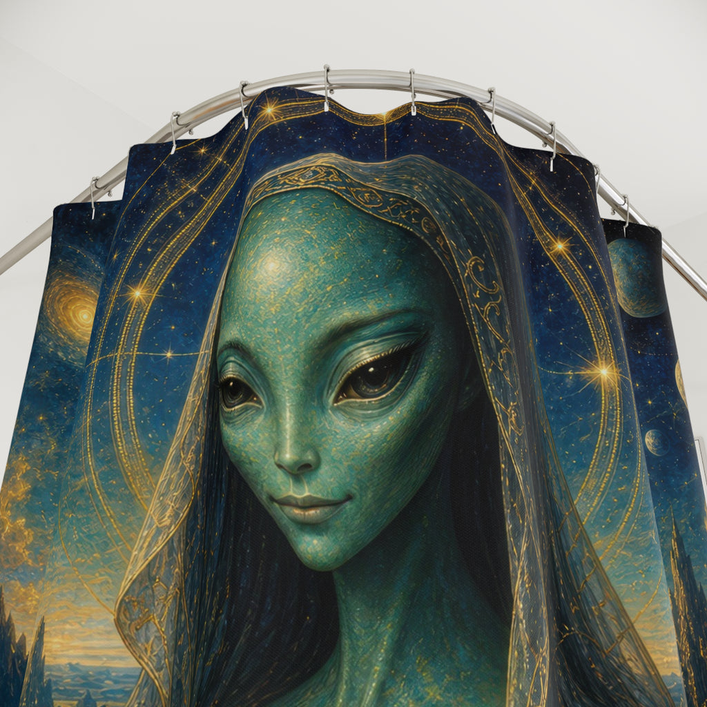 Unique Alien Shower Curtain, Celestial Mona Lisa, Blue Green Space Decor, Planet Halo Sci Fi Bathroom Accent, Cosmic Guest Bath