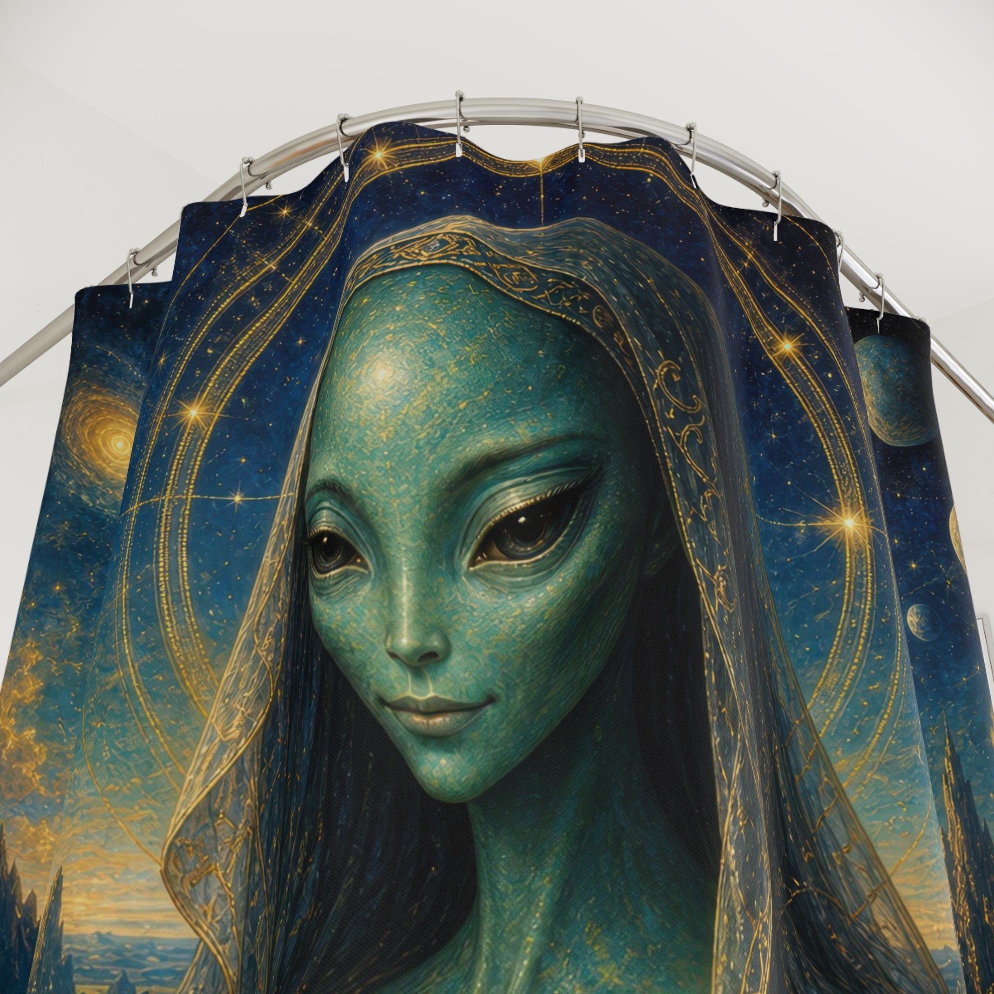 Unique Alien Shower Curtain, Celestial Mona Lisa, Blue Green Space Decor, Planet Halo Sci Fi Bathroom Accent, Cosmic Guest Bath
