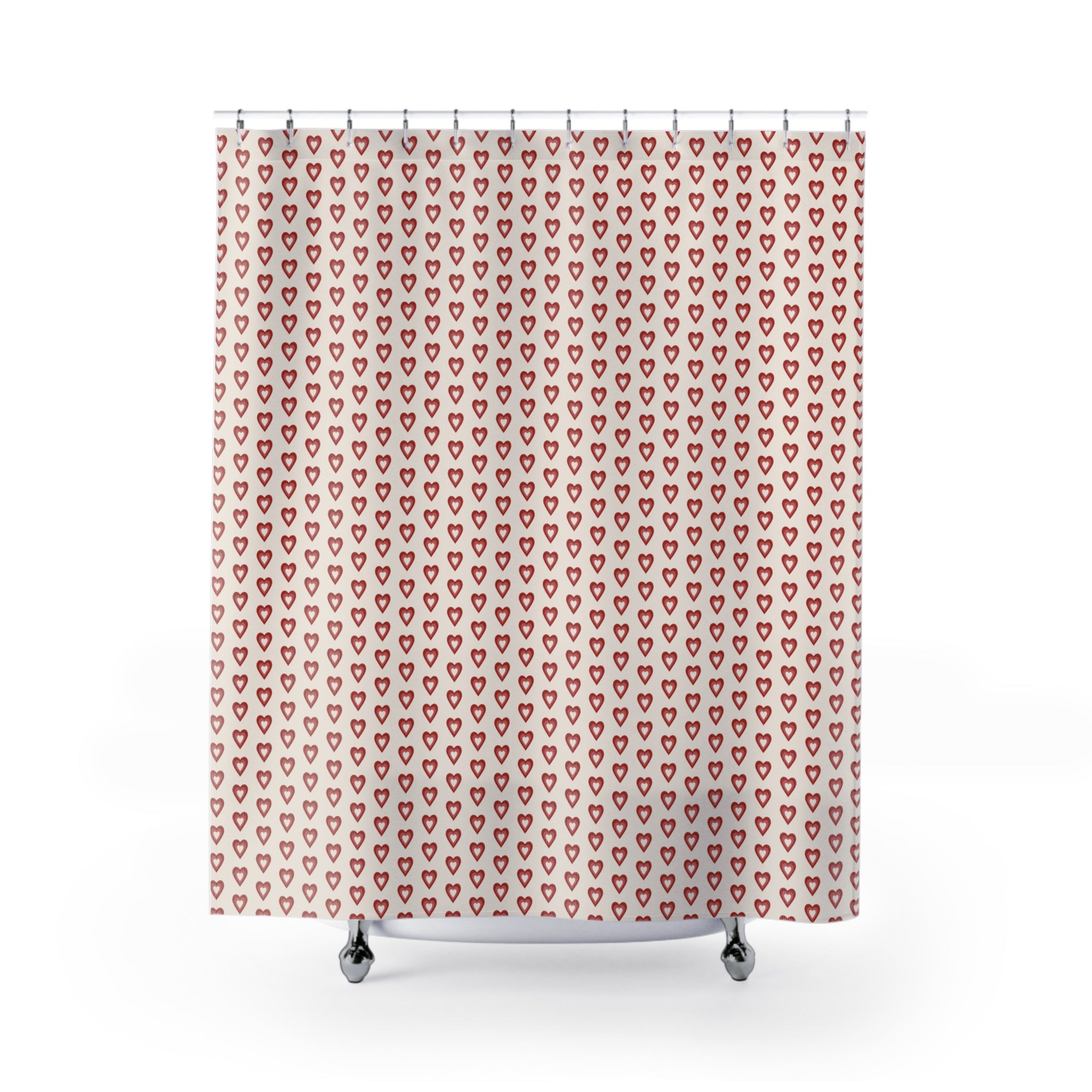 Folk Art Heart Lattice Shower Curtain – Red on Cream