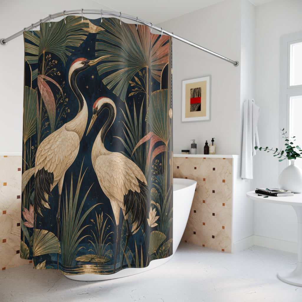 Midnight Crane Palms Shower Curtain