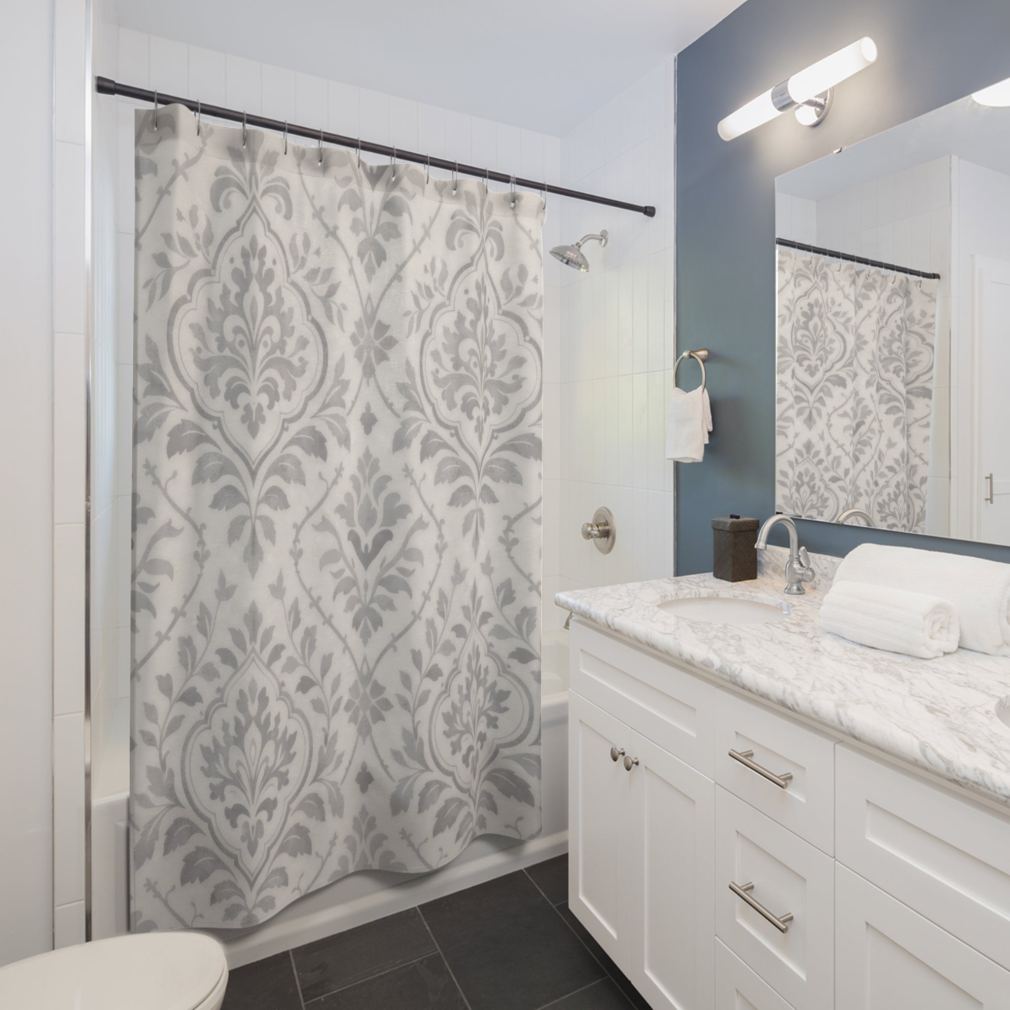 Damask Medallion Shower Curtain – Grey and White