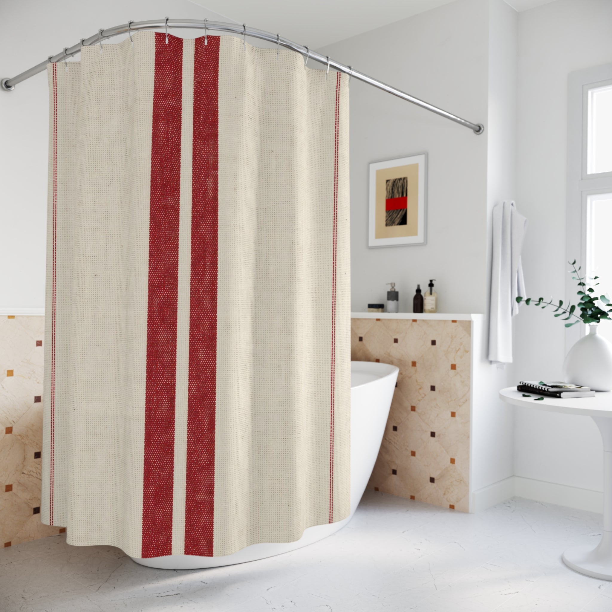 French Red Stripe Shower Curtain, Red Ivory Farmhouse Bathroom Decor, Modern Stripe Bath Curtain, Guest Bath Decor, Small Bathroom Decor