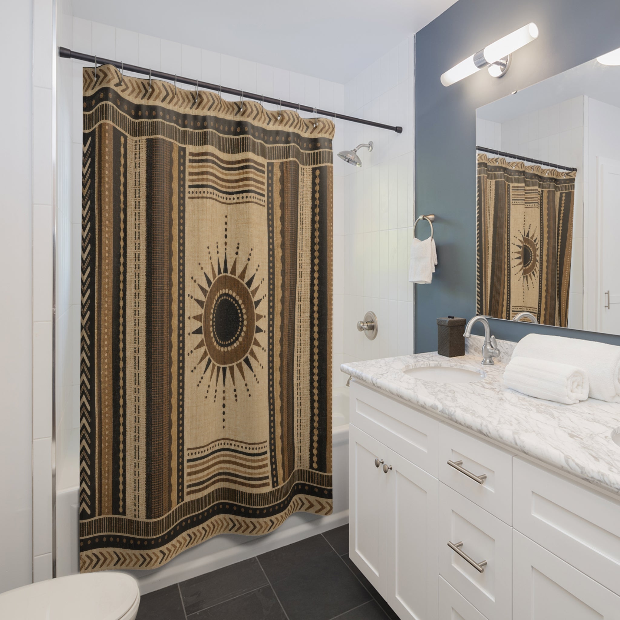 Southwestern Shower Curtain, Black Brown Boho Bath Decor, Cream Sun Medallion Stripe Pattern, Western Neutral Guest Bathroom Decor Style