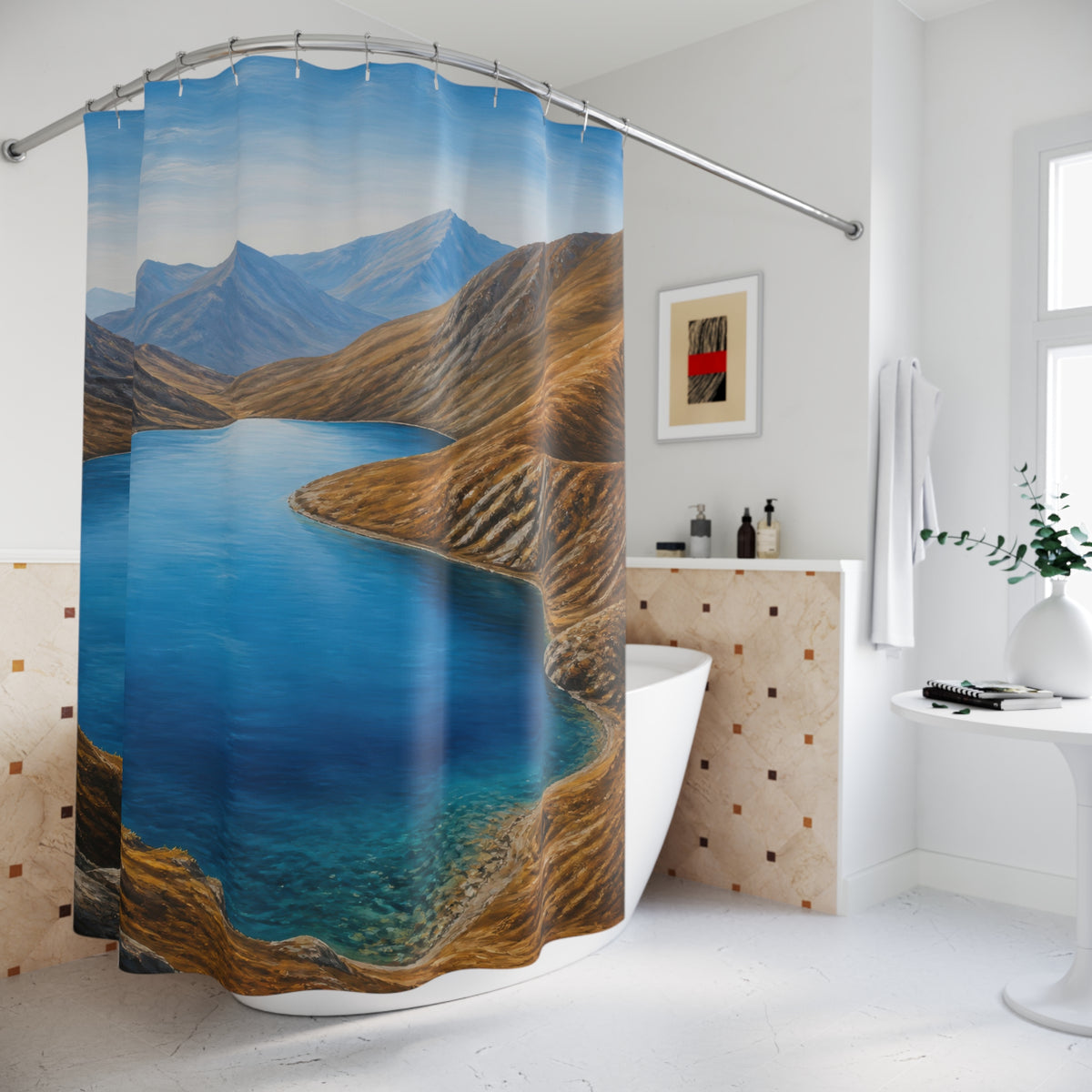 Blue alpine lake between warm brown mountain slopes shower curtain beside a freestanding tub