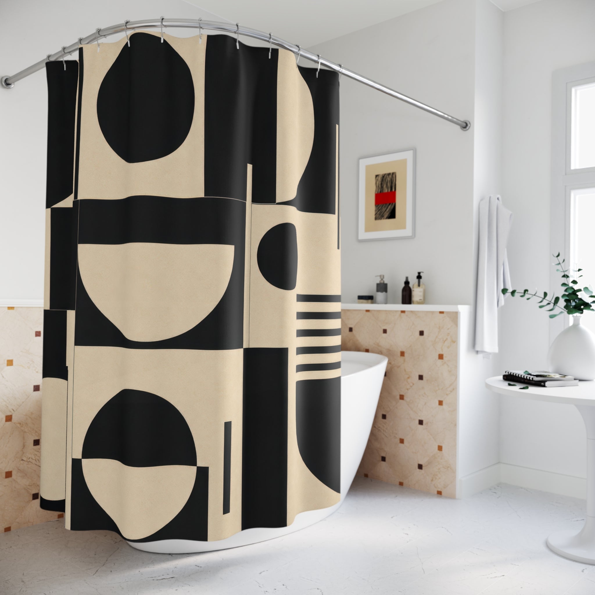 Black Cream Abstract Circle Shower Curtain