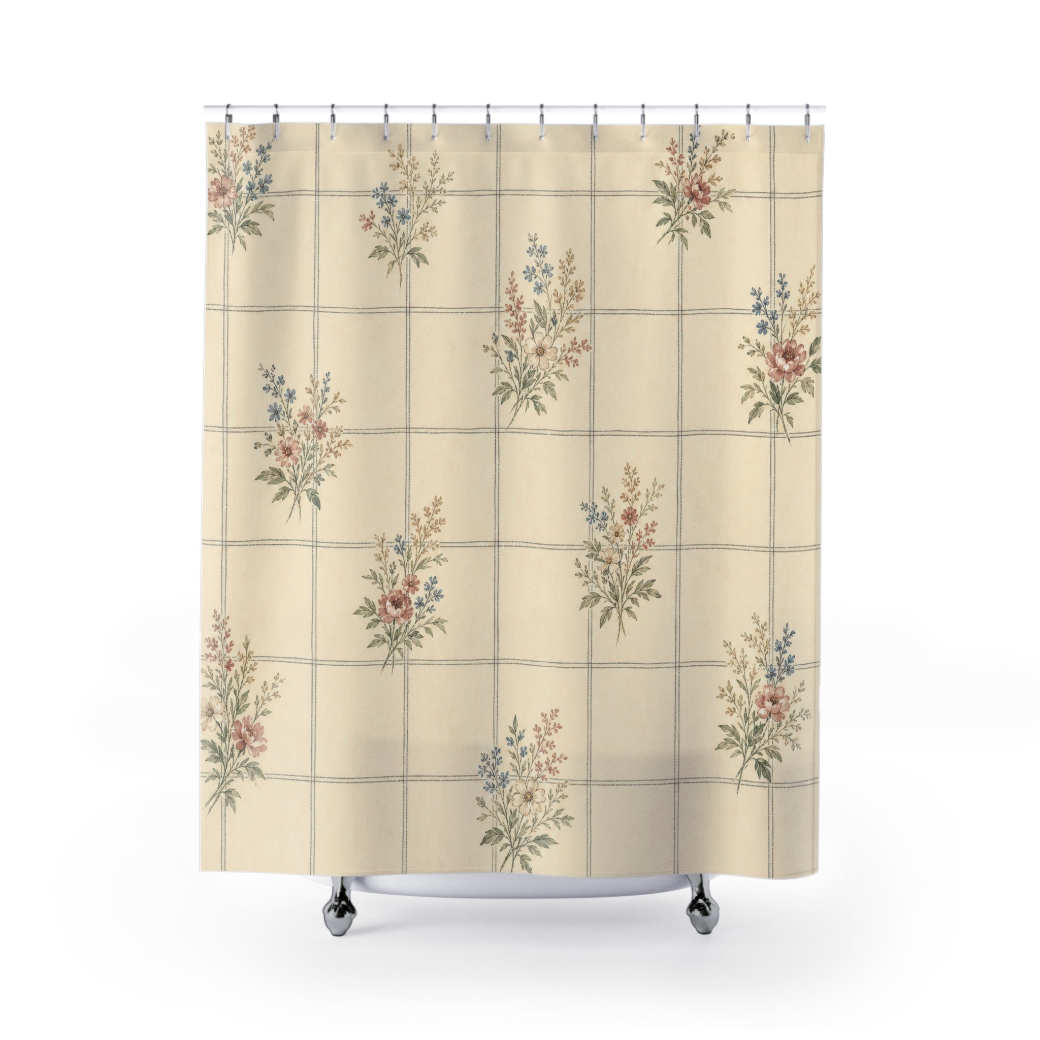 Cream Floral Grid Farmhouse Shower Curtain