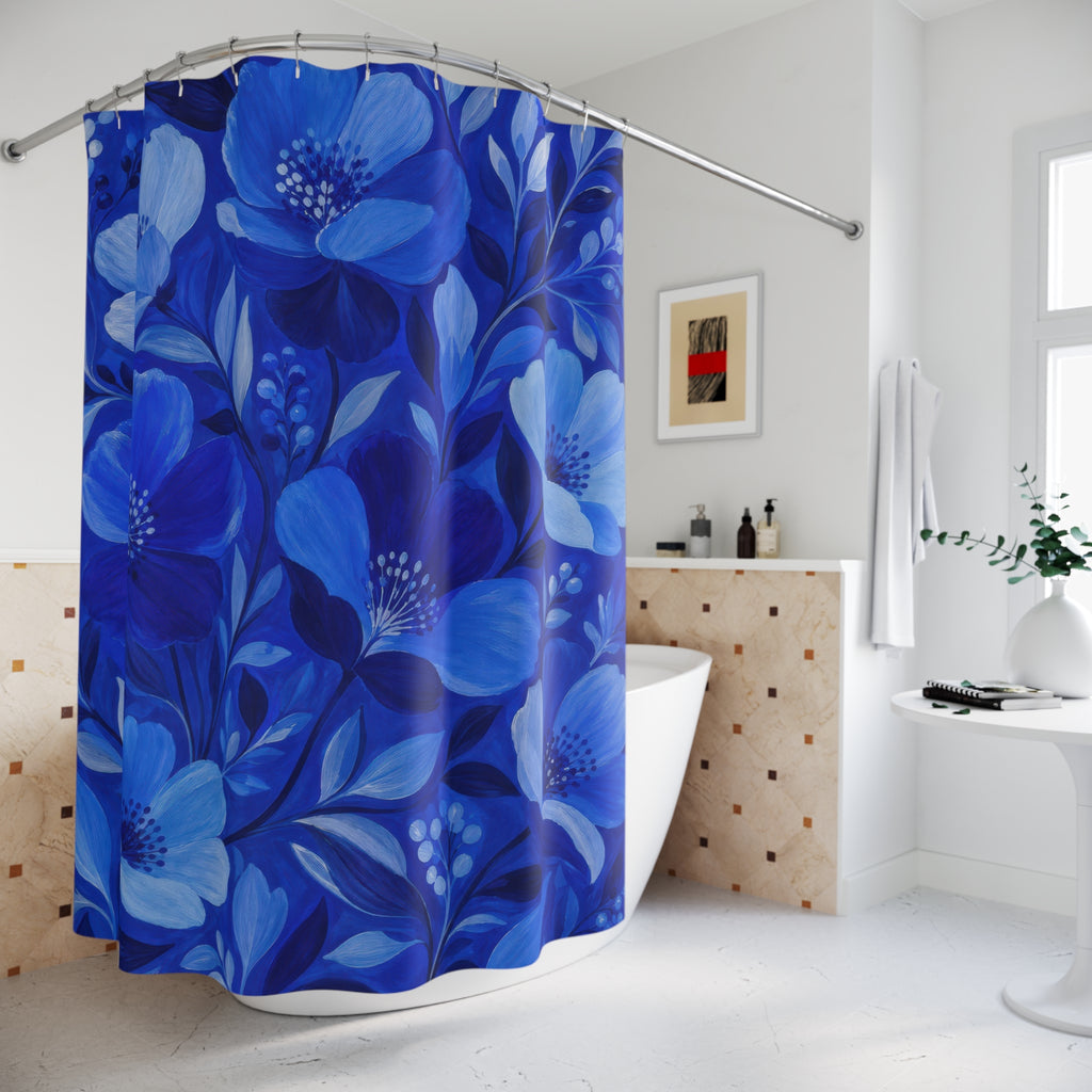 Blue Floral Shower Curtain, Deep Blue Botanical Bathroom Decor, Blue Floral Bath Curtain, Guest Bath Decor, Small Bathroom Decor, Home Decor