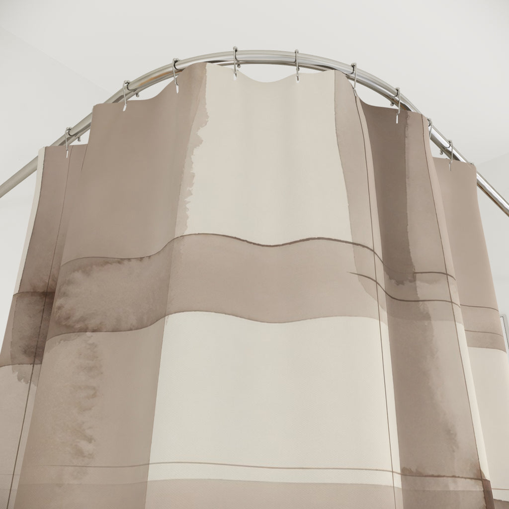 Oversized taupe watercolor windowpane check pattern shower curtain with close-up print, hooks, and folds