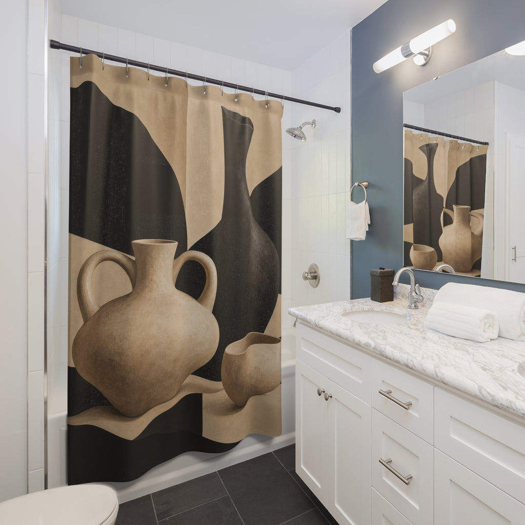 Beige and black sculptural pottery still life shower curtain beside a white vanity