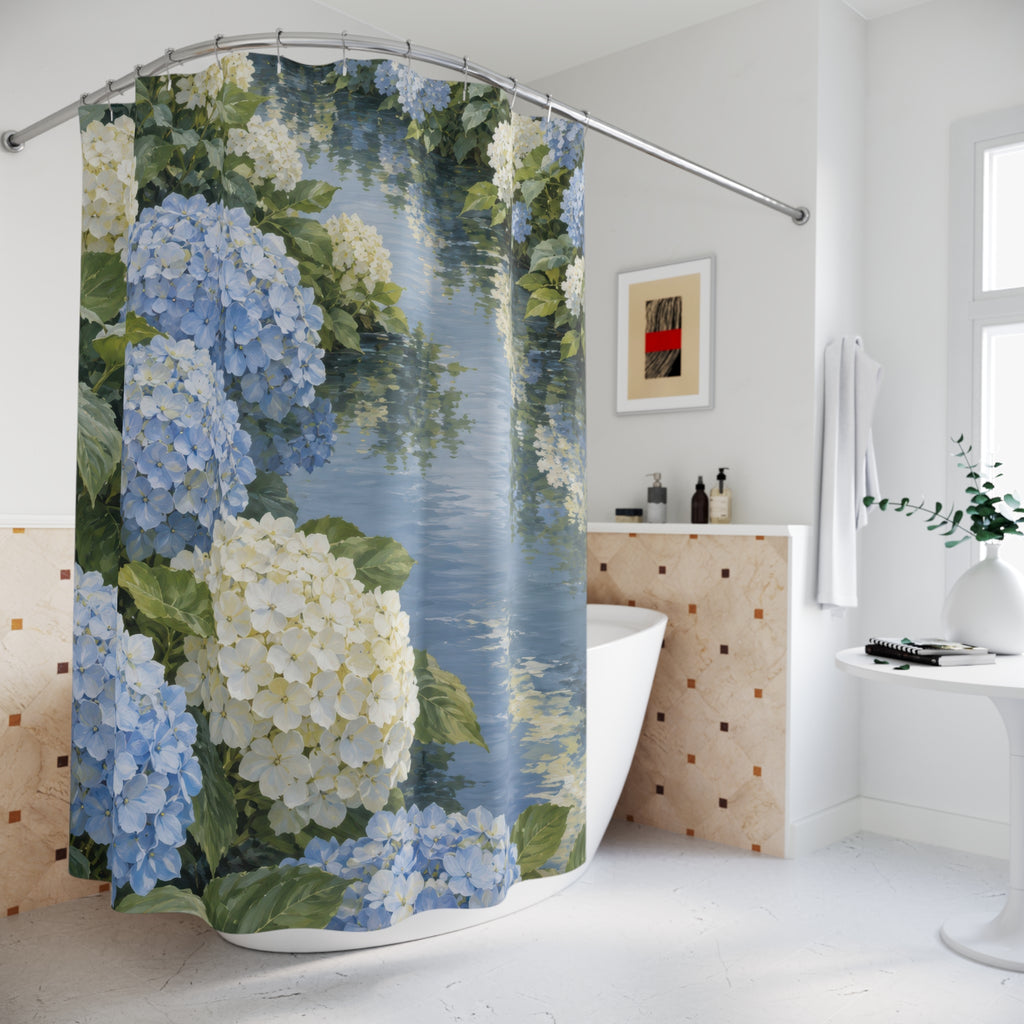 Blue and ivory hydrangeas beside a reflective garden pool shower curtain beside a freestanding tub