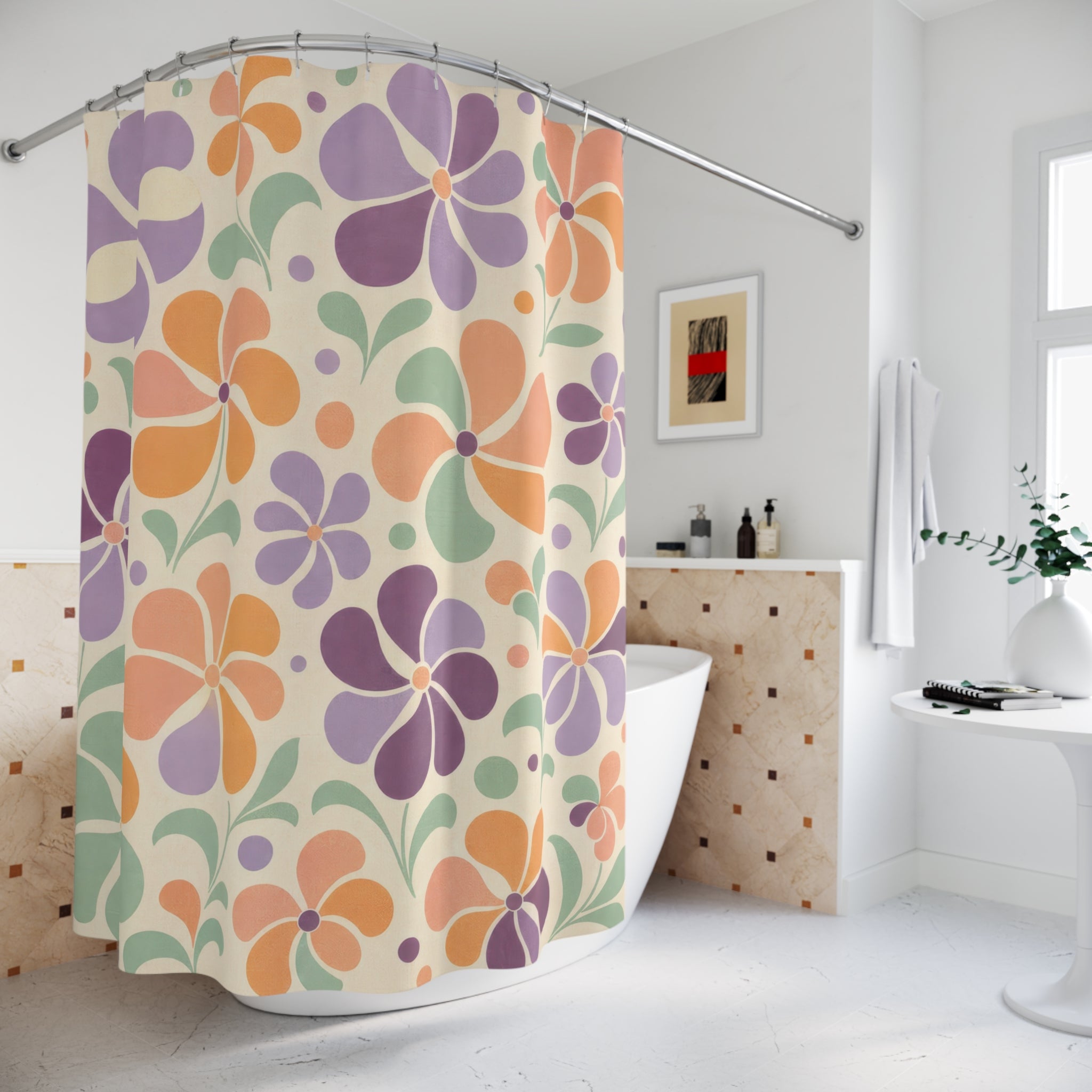 Retro Floral Shower Curtain, Pastel Flower Power Pattern, Purple Peach Bathroom Decor, Playful Pastel Wall Decor Guest Bath Wall Gift