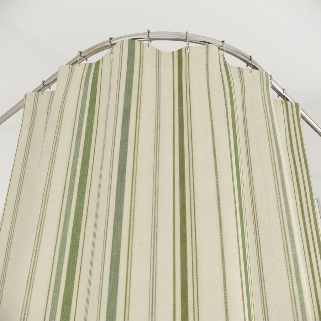 Sage Green Beige Ticking Stripe Shower Curtain