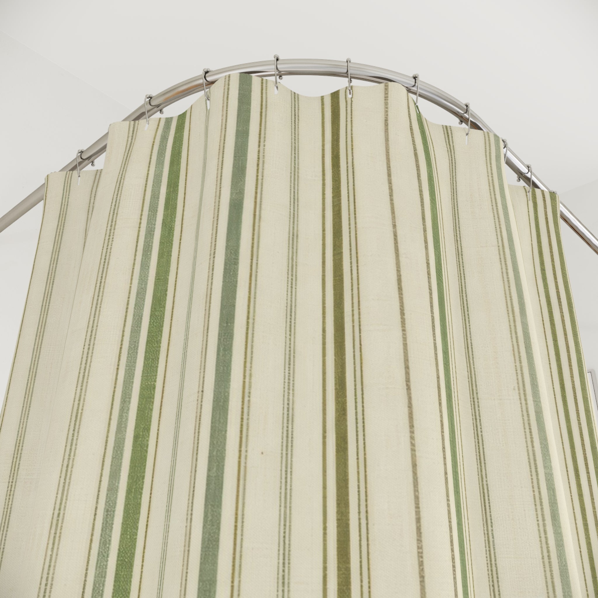 Sage Green Beige Ticking Stripe Shower Curtain
