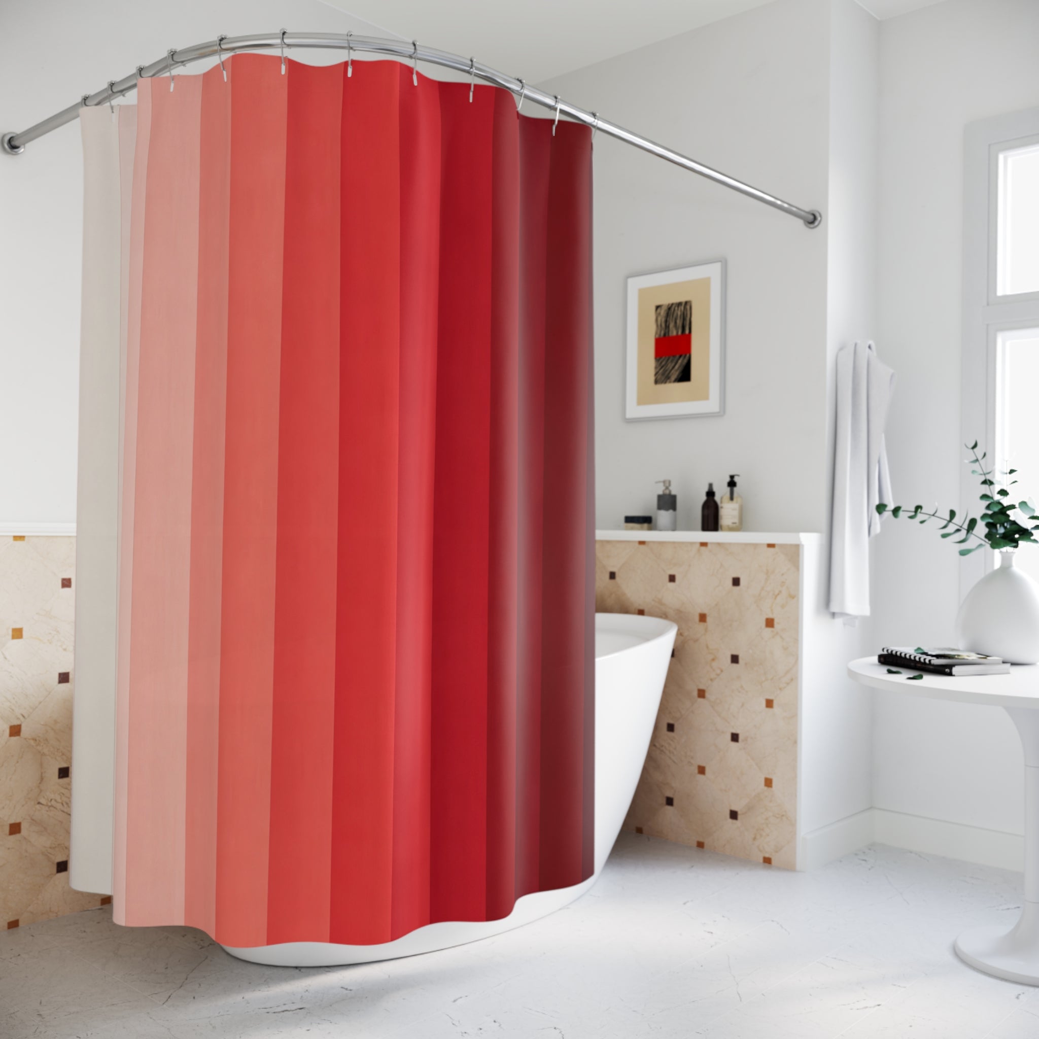 Ombre Crimson Shower Curtain, Crimson Wine Modern Bathroom Decor, Modern Stripe Bath Curtain, Guest Bath Decor, Small Bathroom Decor