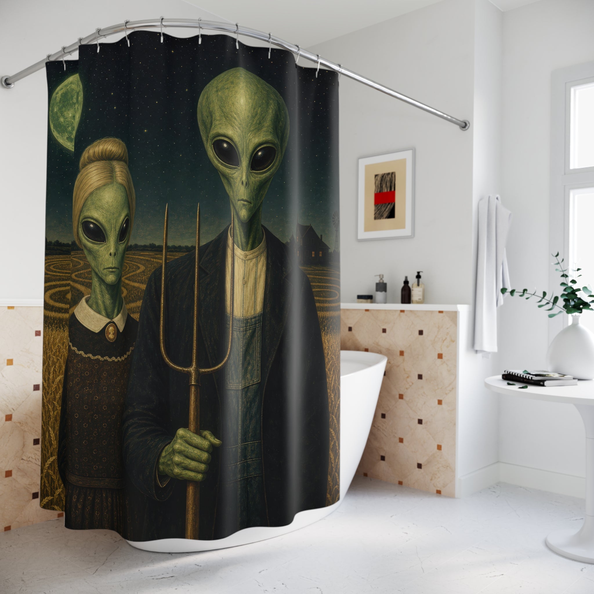 Alien American Gothic Unique Funny Shower Curtain