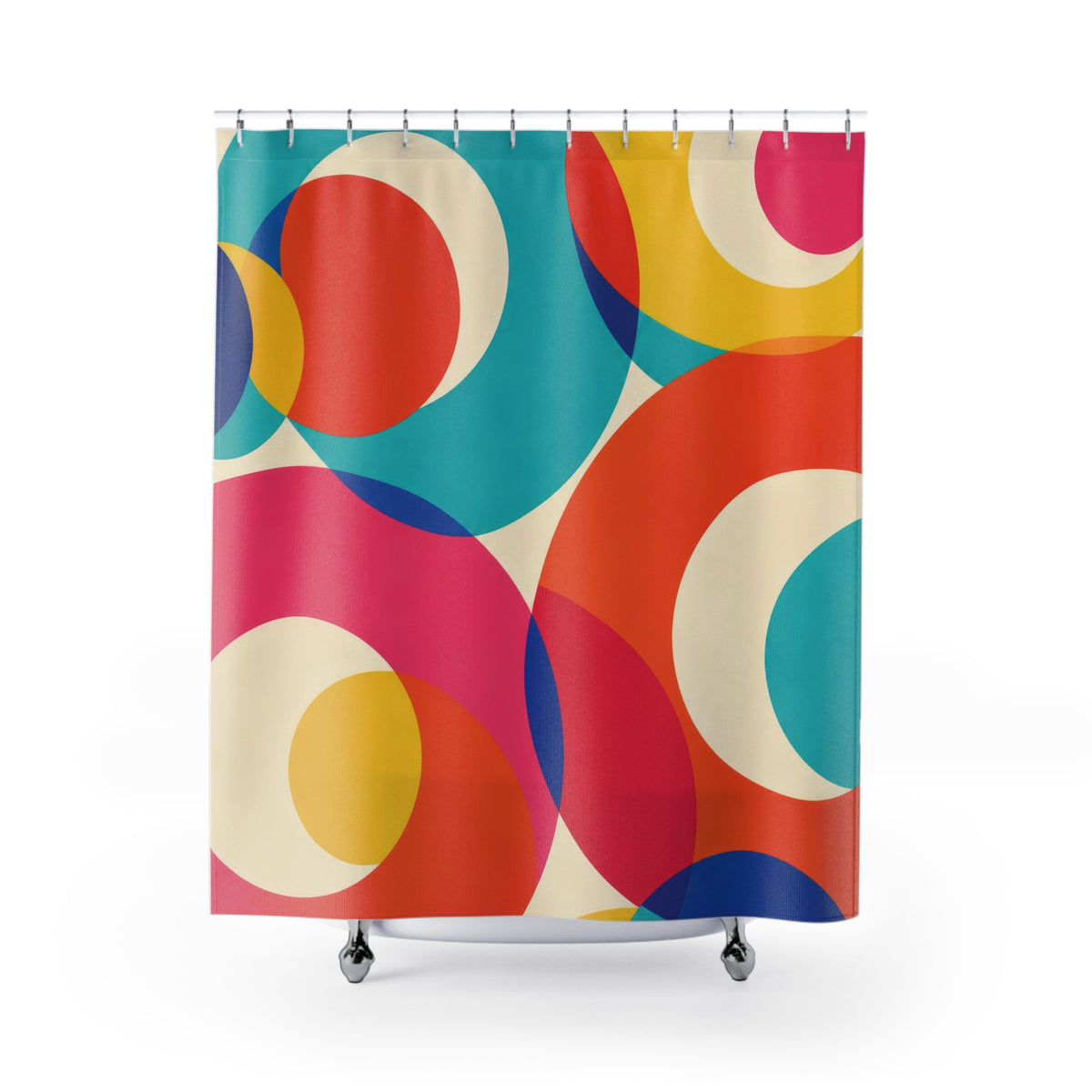 Turquoise, orange, pink and yellow circular bands on cream shower curtain with full front view