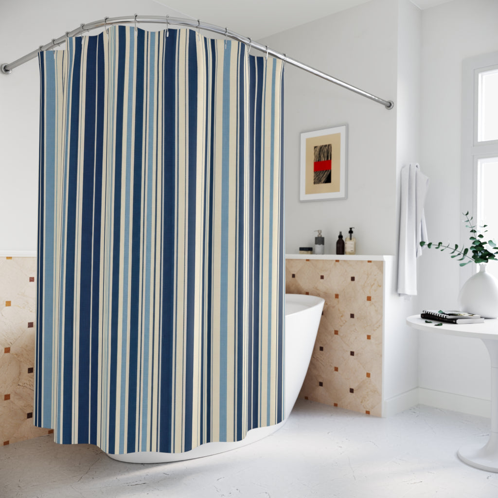Navy Pale Blue Dense Pinstripe Shower Curtain