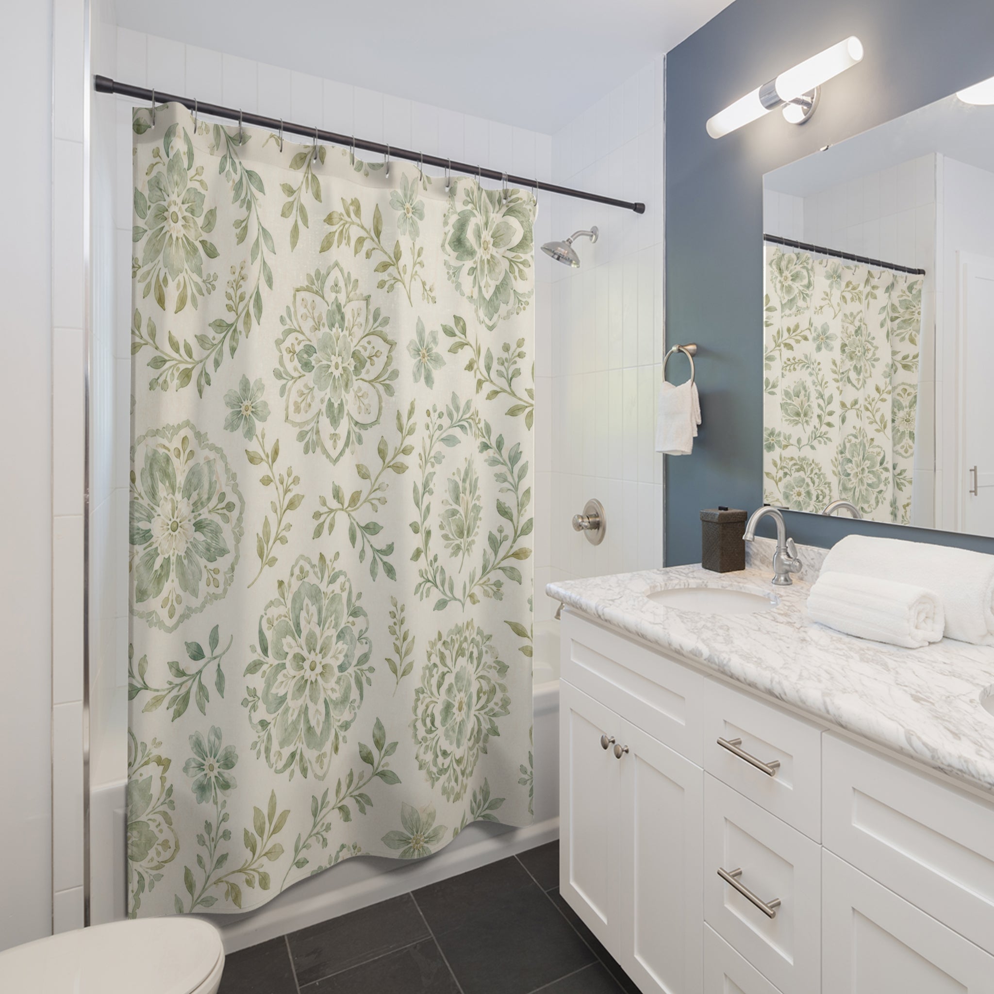 Pale Jade Medallion Print Shower Curtain