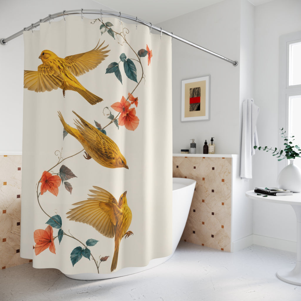 Three golden canaries flying among coral flowers on ivory shower curtain beside a freestanding tub