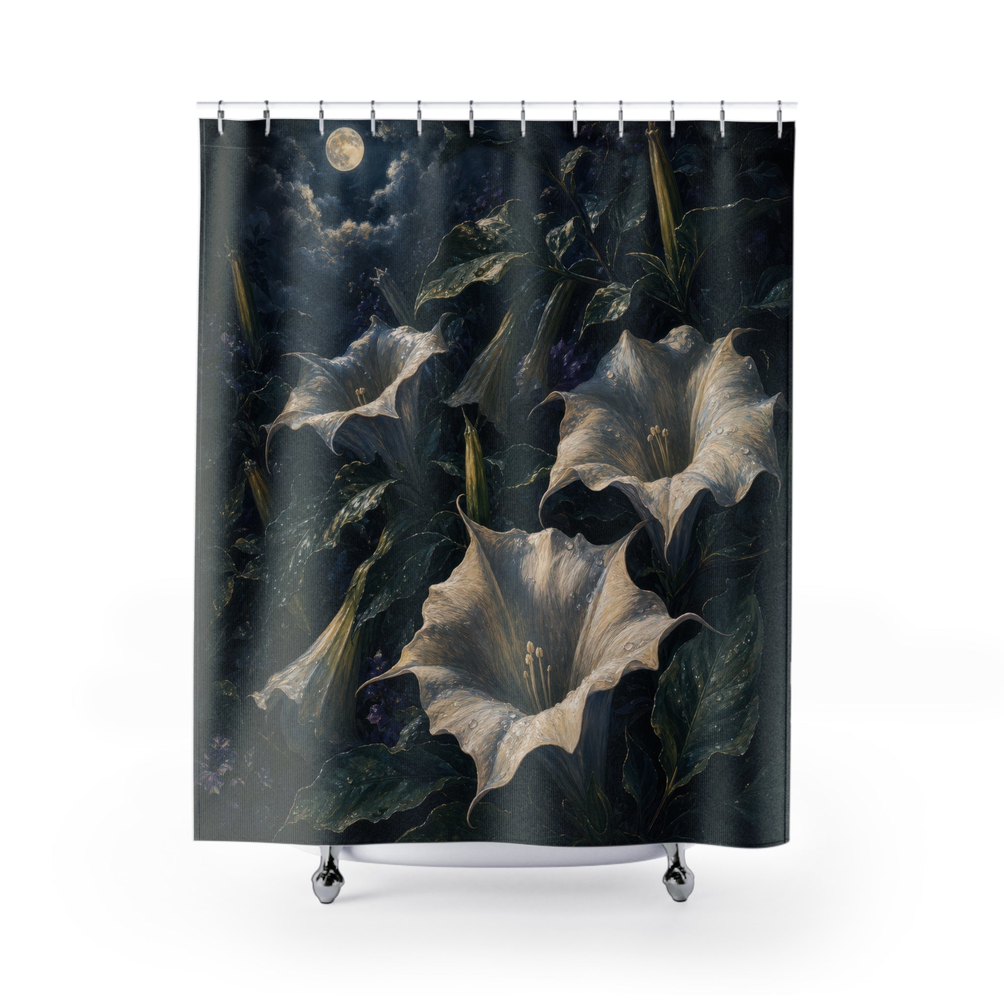 Dark Oil Moonlit Datura Shower Curtain
