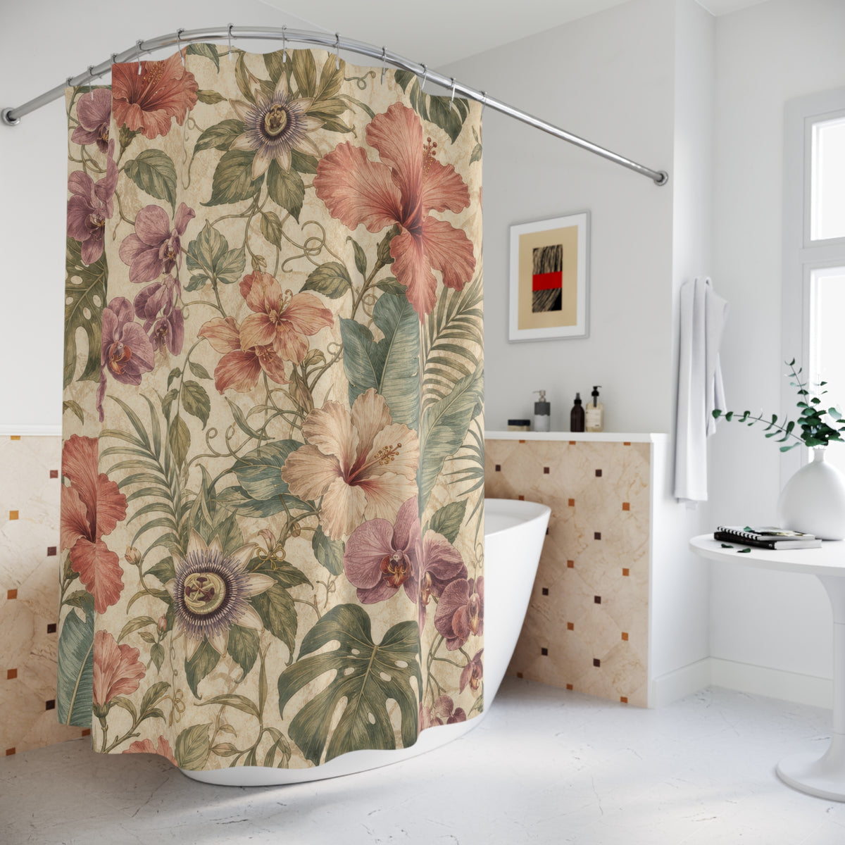 Vintage Hibiscus Botanical tropical floral shower curtain beside a freestanding tub