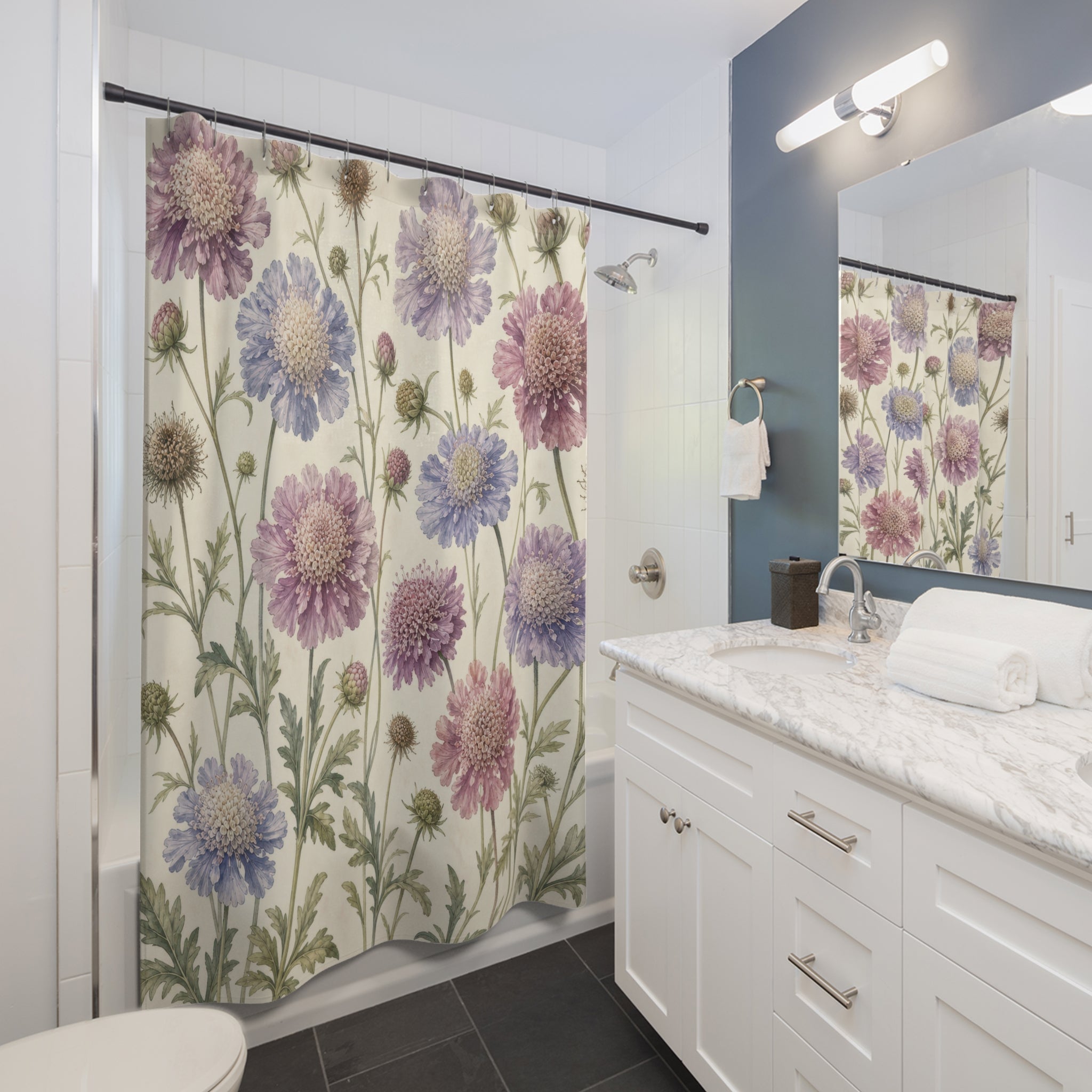Lavender Purple Blue Pincushion Flower Shower Curtain