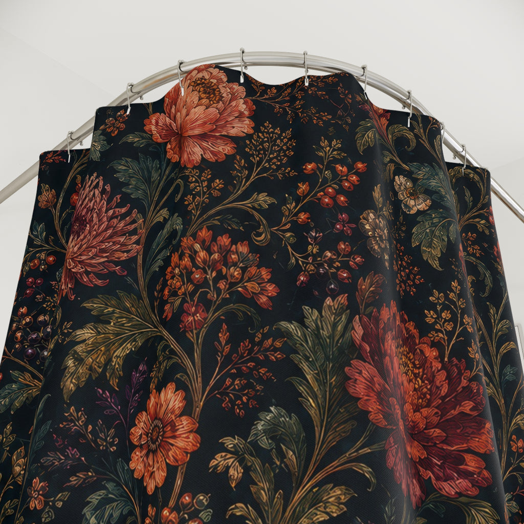 Teal Boho Chrysanthemum Dark Floral Shower Curtain