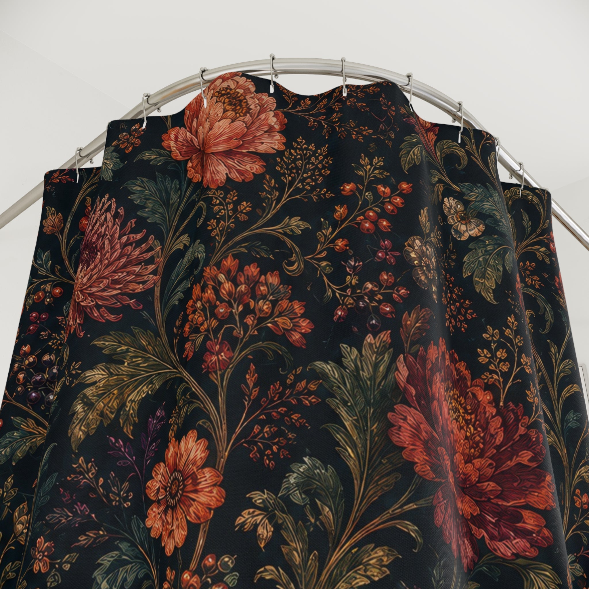 Teal Boho Chrysanthemum Dark Floral Shower Curtain