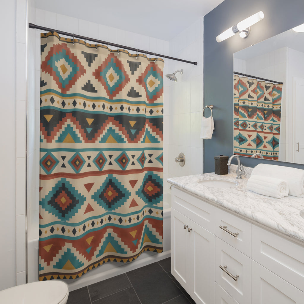 Terracotta and turquoise stepped diamonds on warm beige shower curtain beside a white vanity