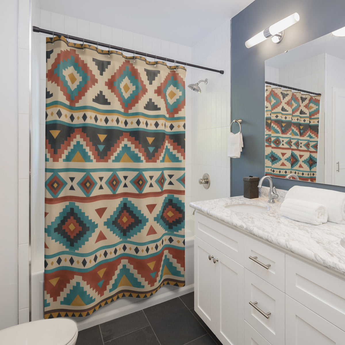 Terracotta and turquoise stepped diamonds on warm beige shower curtain beside a white vanity