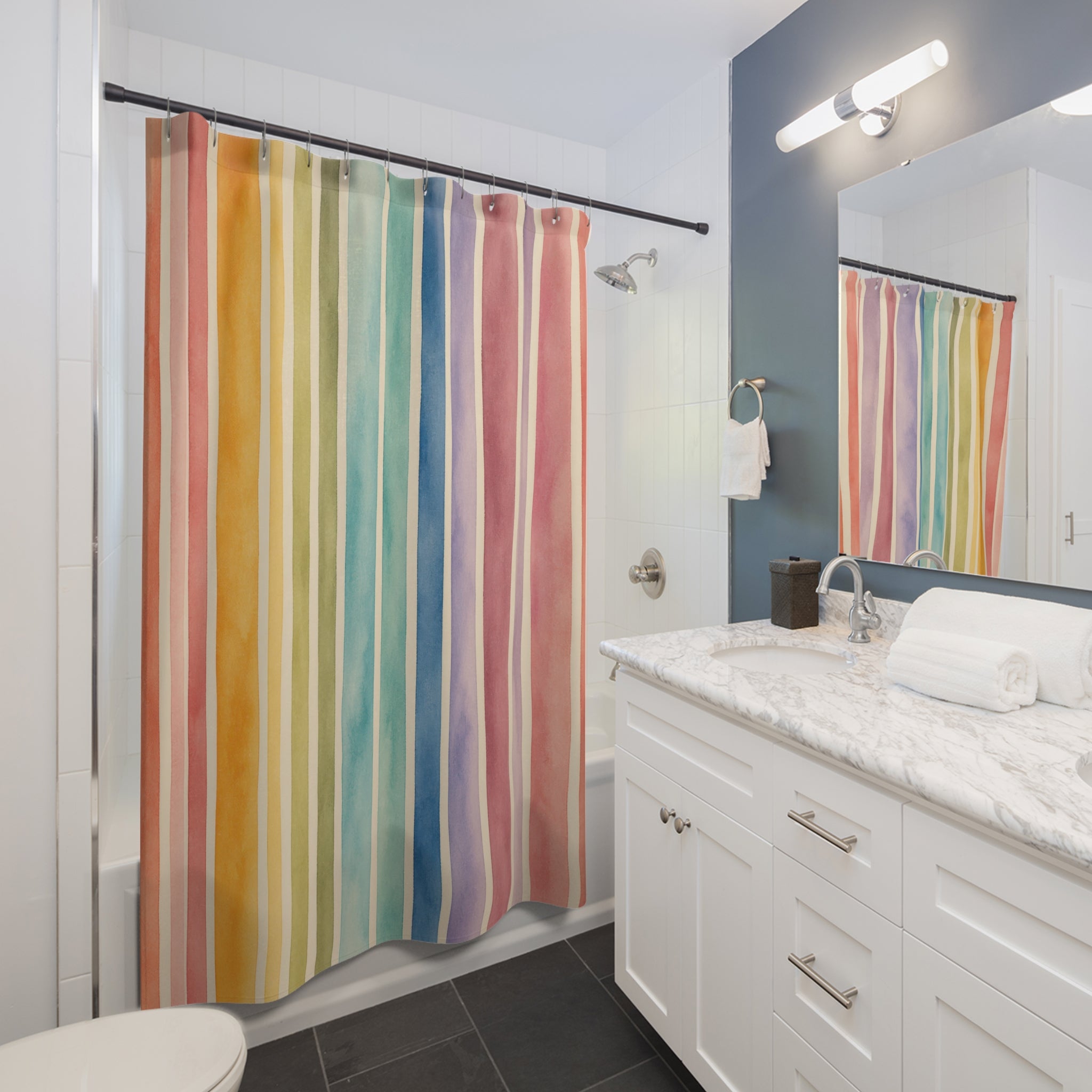 Colorful Watercolor Vertical Stripe Shower Curtain
