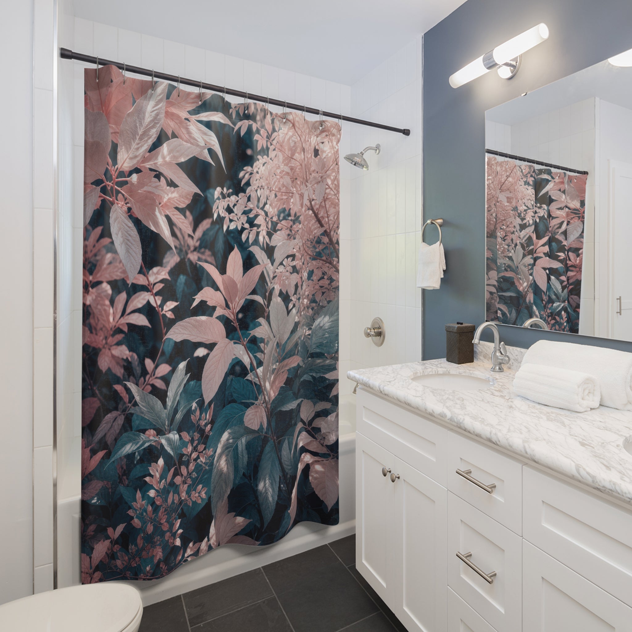 Pink Floral Shower Curtain, Dark Botanical Bath Decor, Rose Leaf Pattern, Moody Guest Bathroom Decor, Teal Garden Style, Rose Garden Style