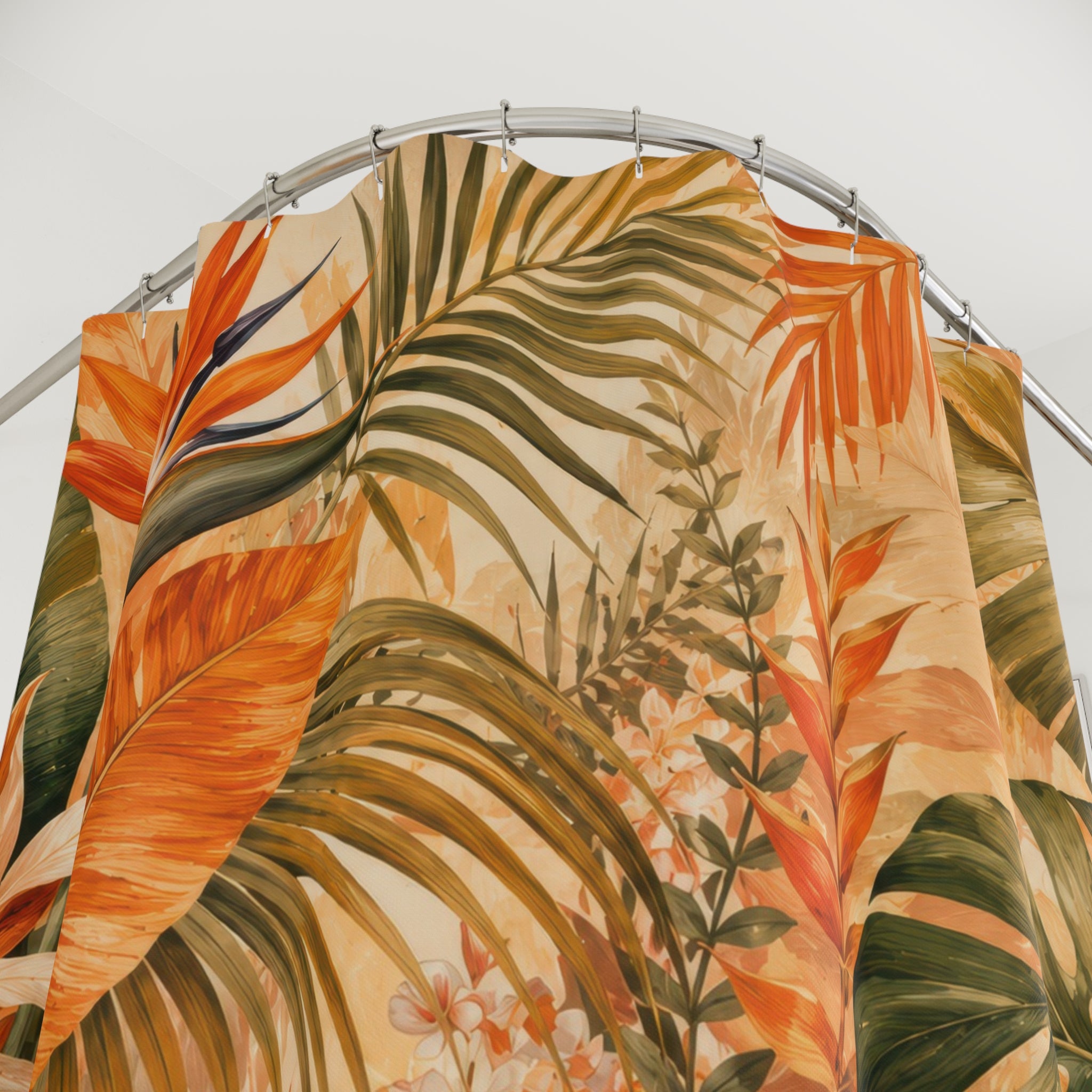 Orange Tropical Shower Curtain: Hibiscus Palm Leaf