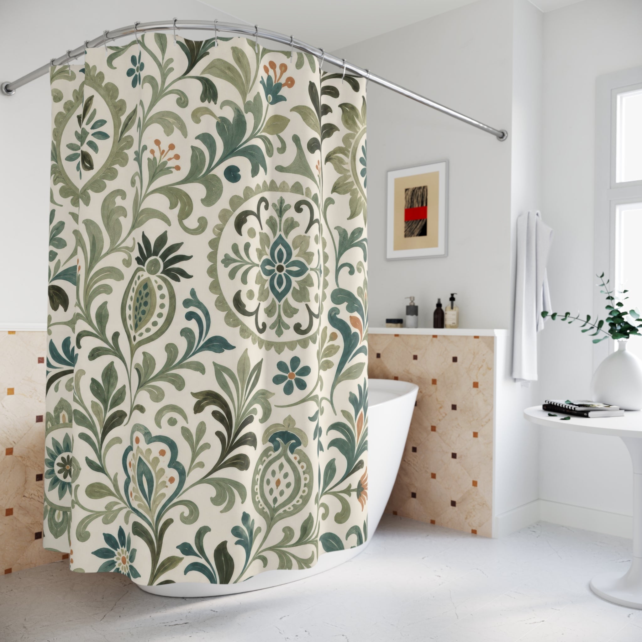 Sage Green Folk Botanical Shower Curtain