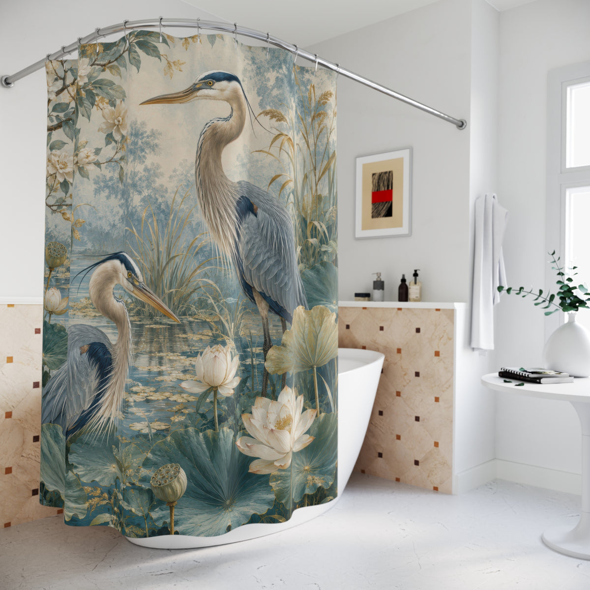Blue Green Heron Shower Curtain: Lotus Pond Bird