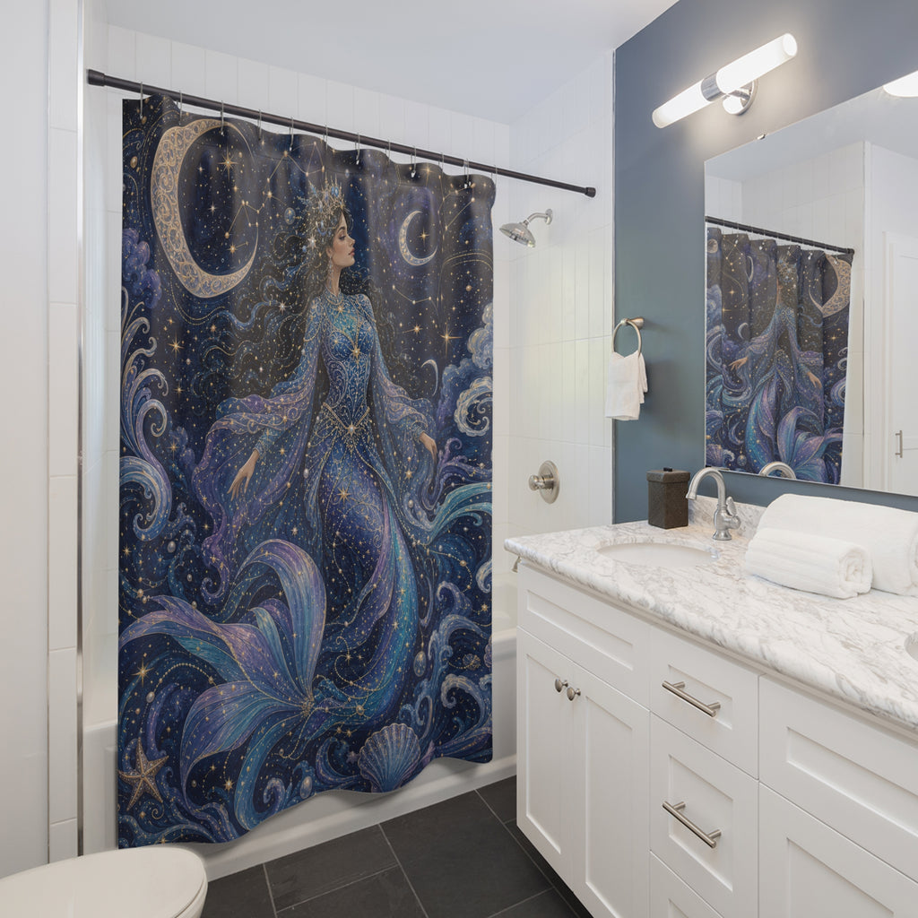 Blue Mermaid Moon Star Shower Curtain