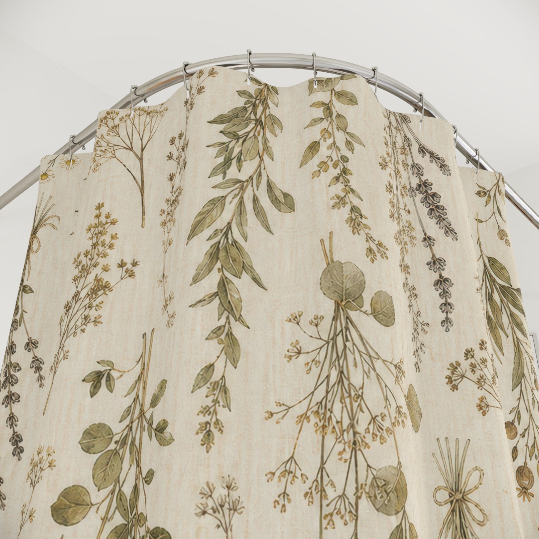 Botanical Shower Curtain, Farmhouse Herb Bath Decor, Hanging Greenery Pattern, Rustic Guest Bathroom Decor, Cream Garden Style Decor