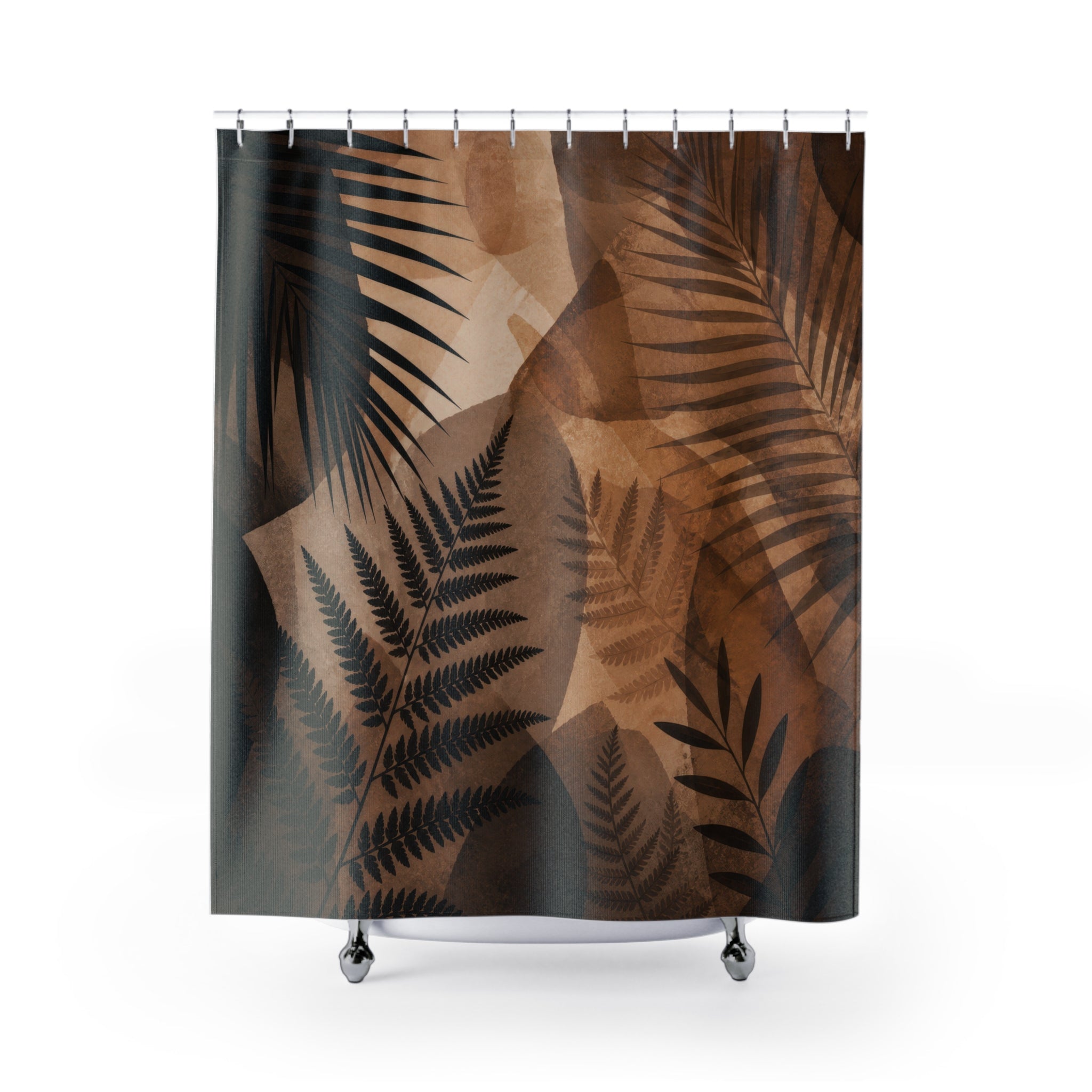 Palm Shower Curtain, Brown Beige Botanical Bath Decor, Sepia Fern Leaf Pattern, Warm Tropical Nature Leaf Guest Bathroom Decor Style