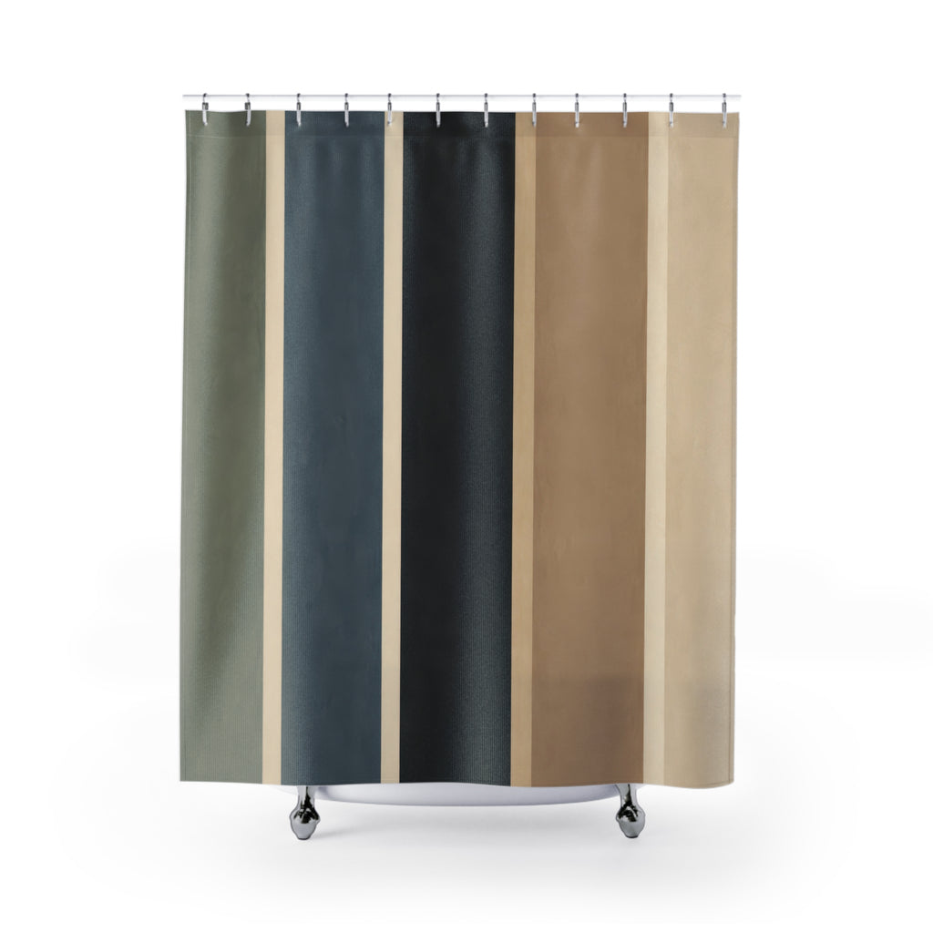Wide vertical stripes in sage blue charcoal tan and cream shower curtain with full front view
