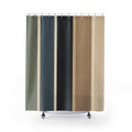 Wide vertical stripes in sage blue charcoal tan and cream shower curtain with full front view