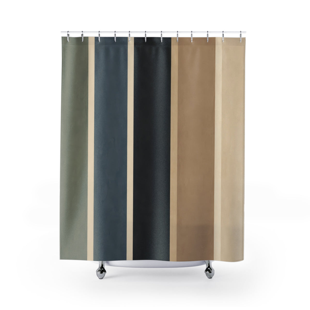 Wide vertical stripes in sage blue charcoal tan and cream shower curtain with full front view