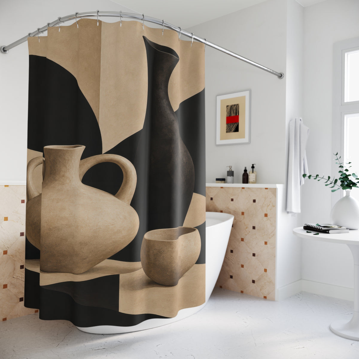 Beige and black sculptural pottery still life shower curtain beside a freestanding tub