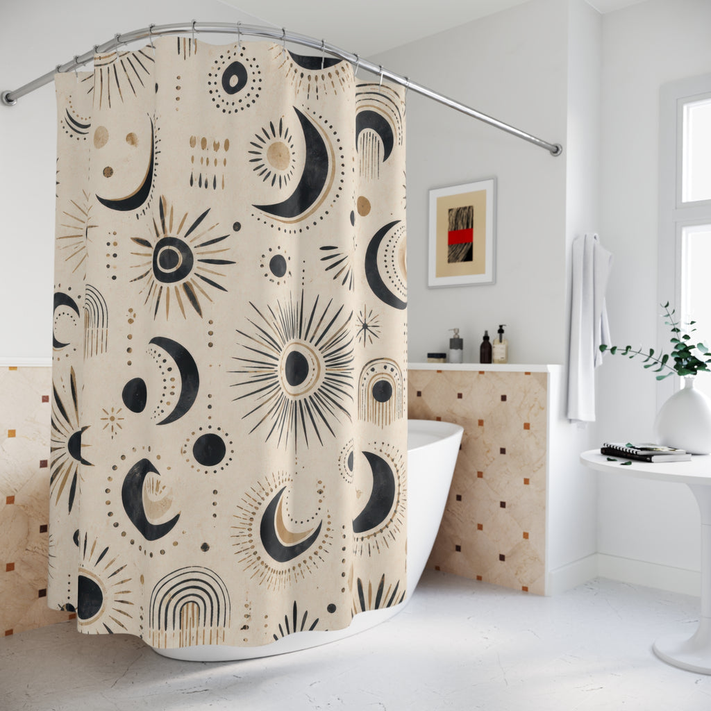 Black White Boho Celestial Moon Tile Line Shower Curtain